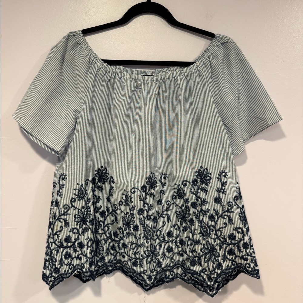 Unique Spectrum blue stripe embroidered floral off the shoulder shirt